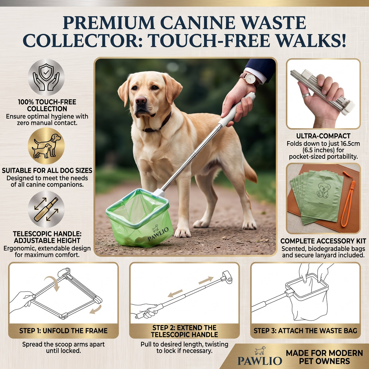 Recolector de residuos caninos sin contacto de primera calidad